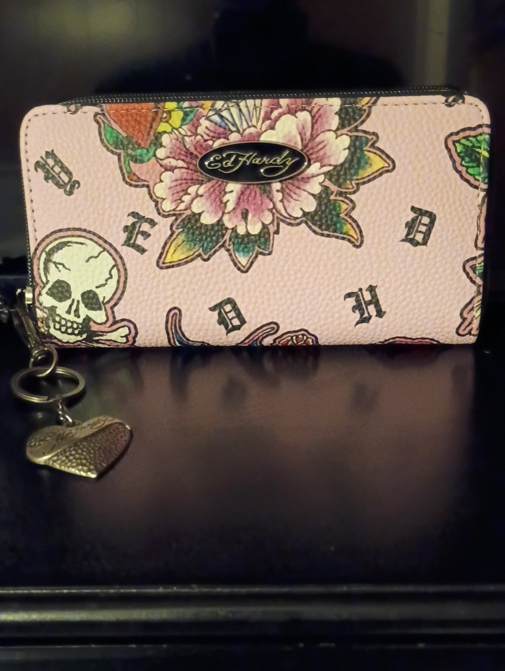 Ed Hardy Pink Skull Floral Zip-Around Wallet Pink & Black